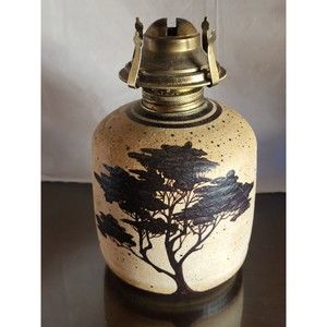 African Safari Tree Decorated Stoneware Pottery Handcrafted Vintage Oil Lamp